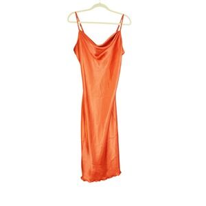 Y2K Style Bebe Copper Satin Slip Dress Size L Cowl Neck‎ Spaghetti Straps Midi